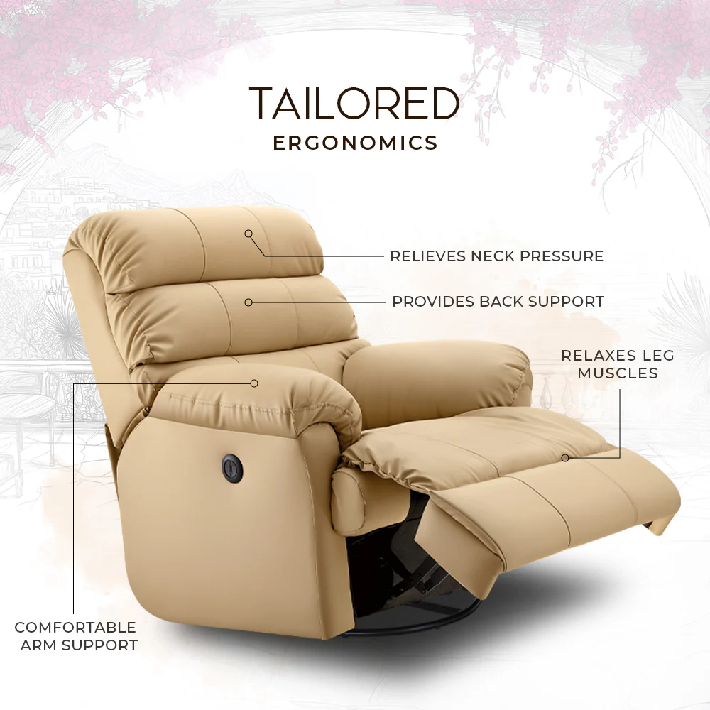Avalon Posture Pro Rocking & Rotating Single Seater Premium Leatherette Recliner, Beige, Motorized - Image 3