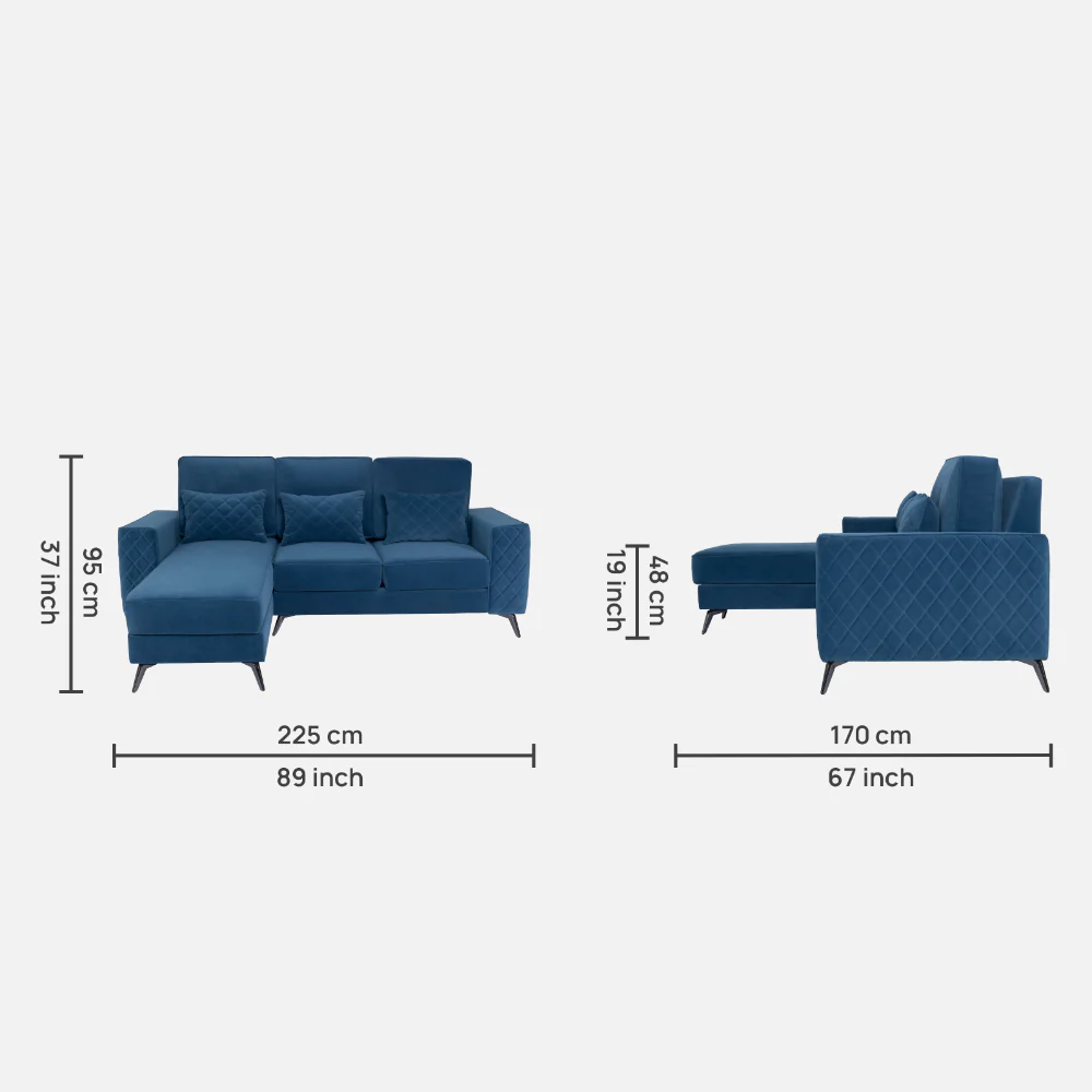 Eden Sapphire Blue Fabric 2 Seater Sofa With Lounger - Image 4